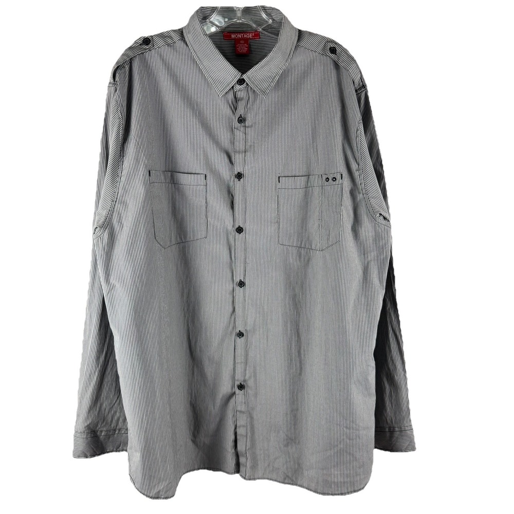 Mens Gray Railroad Stripe Button Up Sz XXL Utility Epaulet Workwear‎ Grunge Goth